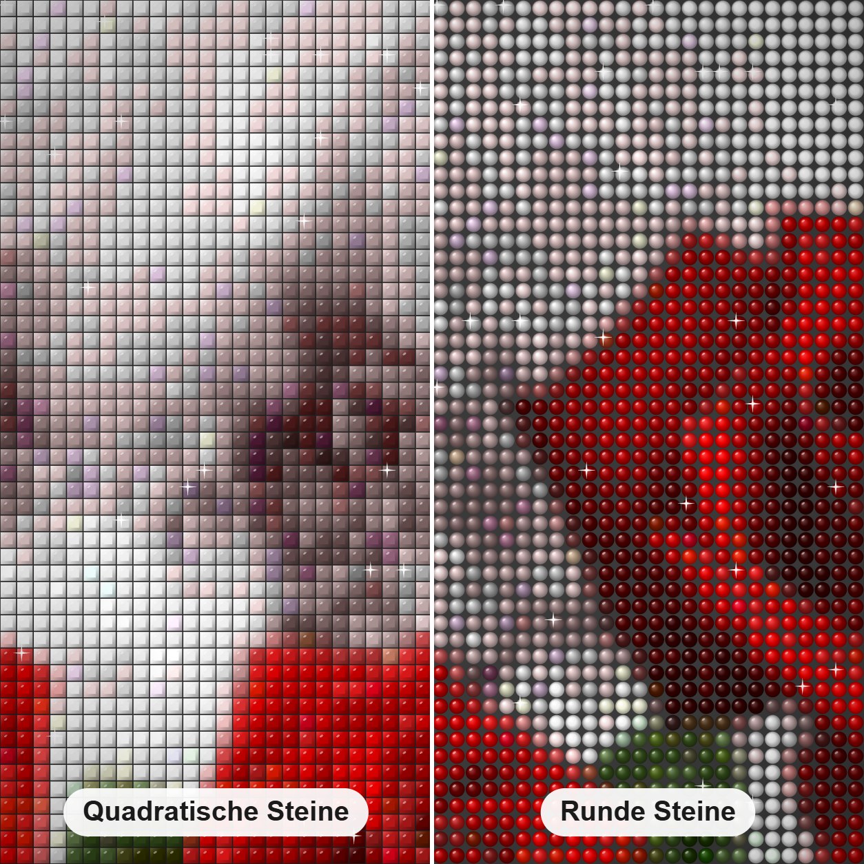 Drei rote Rosen Diamond Painting Nahaufnahme mit quadratischen und runden Steinen