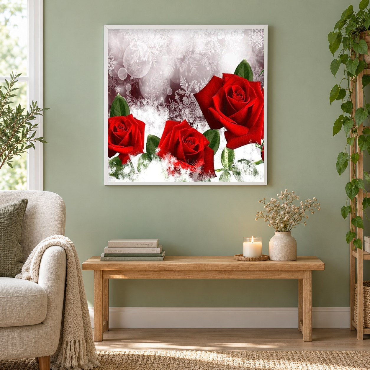Drei rote Rosen als gerahmtes Diamond Painting im Wohnzimmer