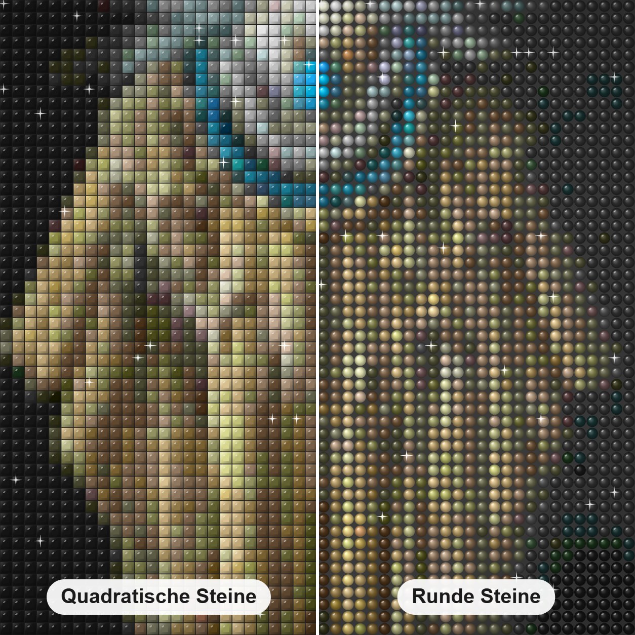 Kleid & Federn - Kunst des Lee Bogle Diamond Painting Nahaufnahme mit quadratischen und runden Steinen