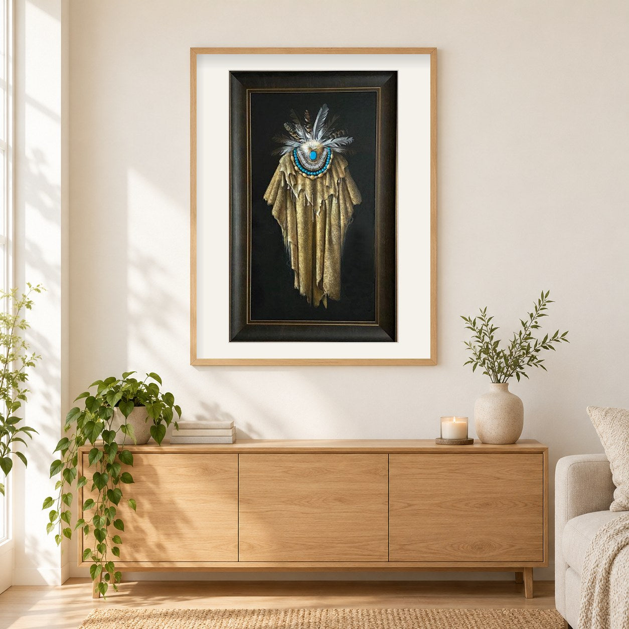 Kleid & Federn - Kunst des Lee Bogle als gerahmtes Diamond Painting im Wohnzimmer