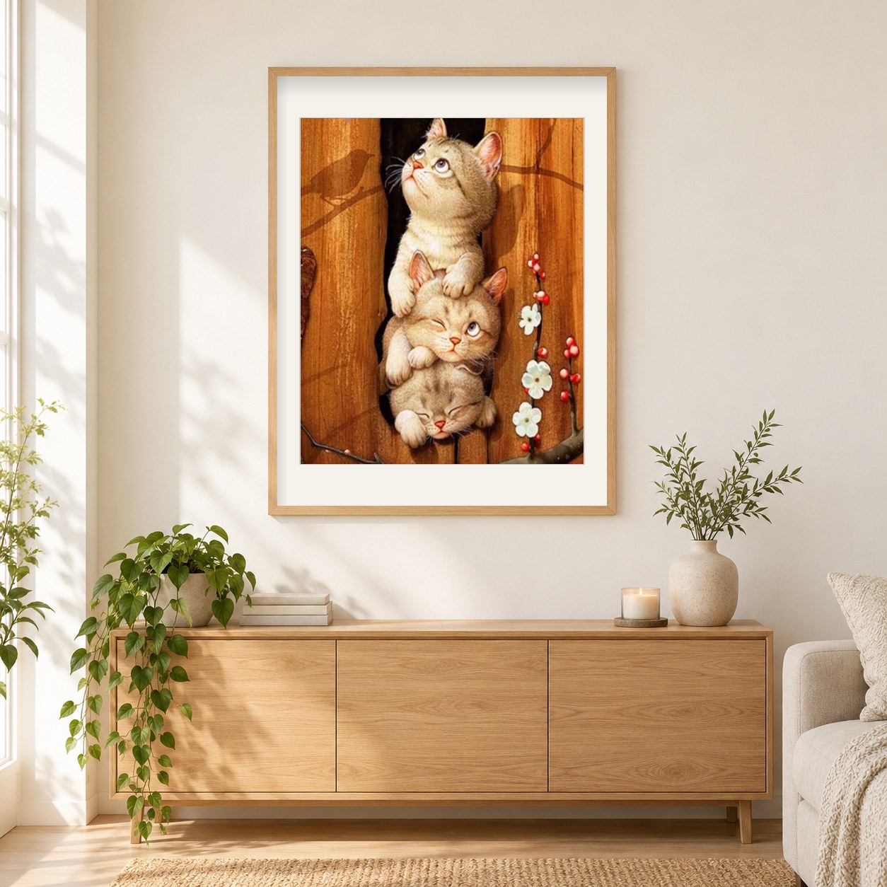 Drillinge Katzen als gerahmtes Diamond Painting im Wohnzimmer