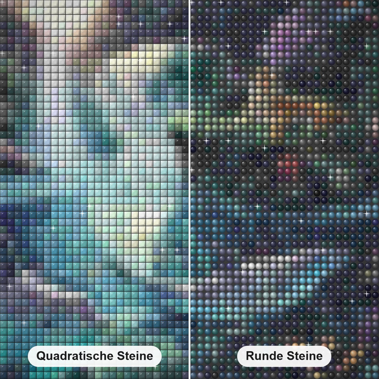 Dschungelparadies Diamond Painting Nahaufnahme mit quadratischen und runden Steinen