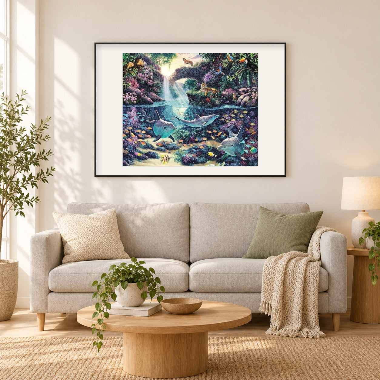 Dschungelparadies als gerahmtes Diamond Painting im Wohnzimmer