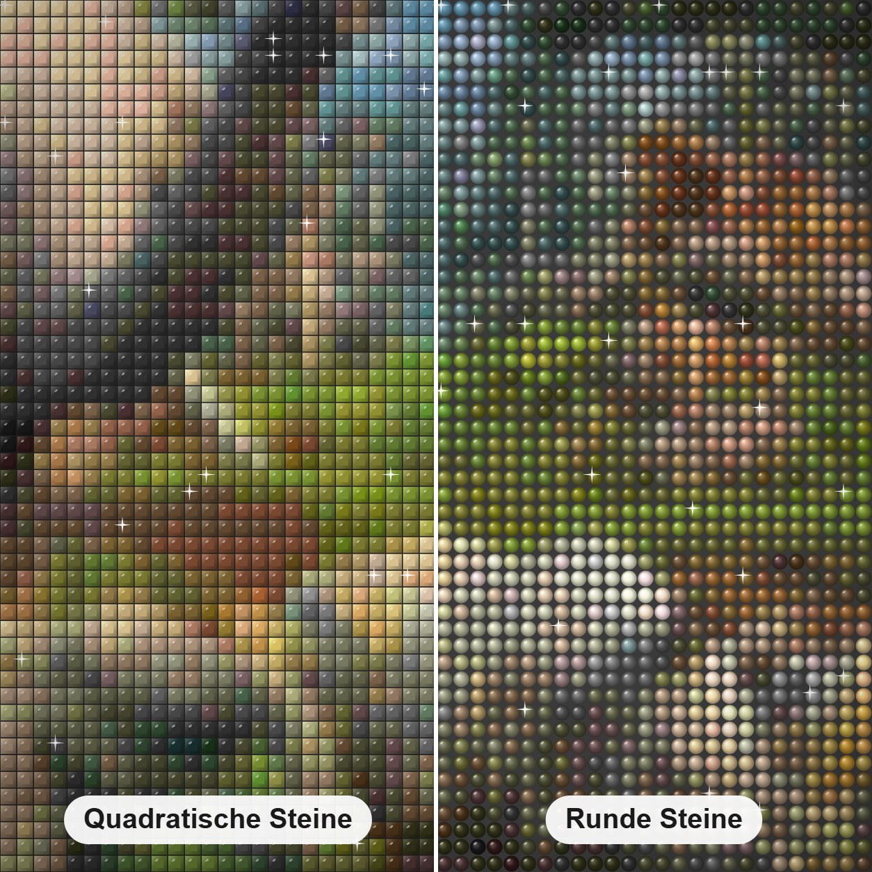 Dschungeltiere Diamond Painting Nahaufnahme mit quadratischen und runden Steinen