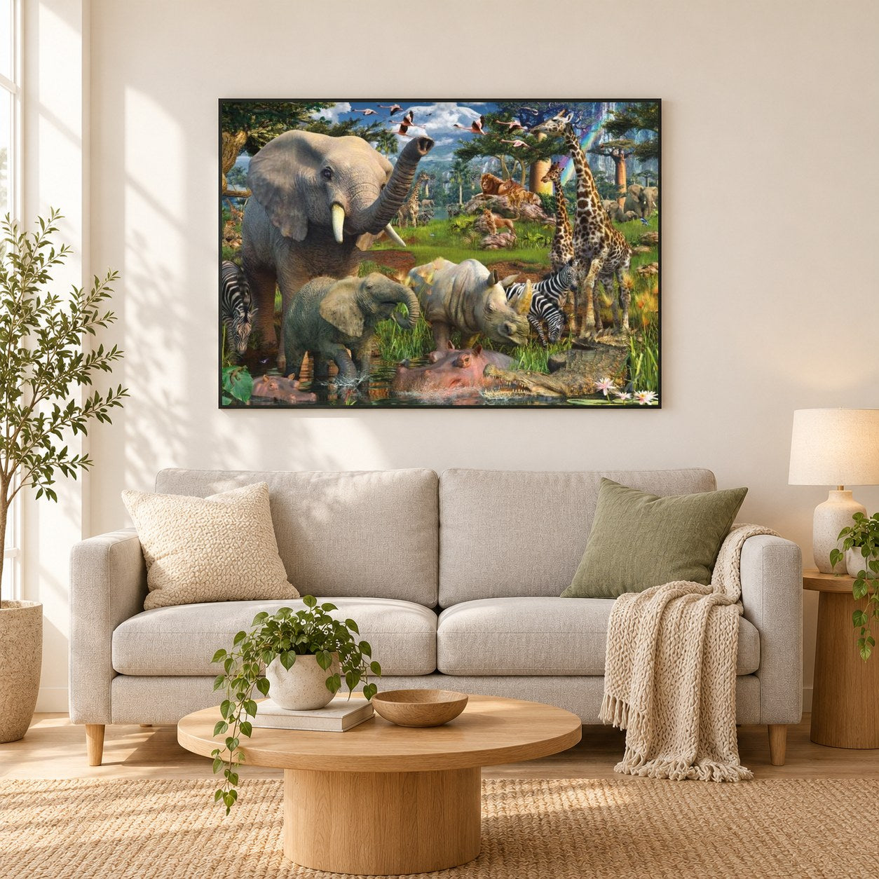 Dschungeltiere als gerahmtes Diamond Painting im Wohnzimmer