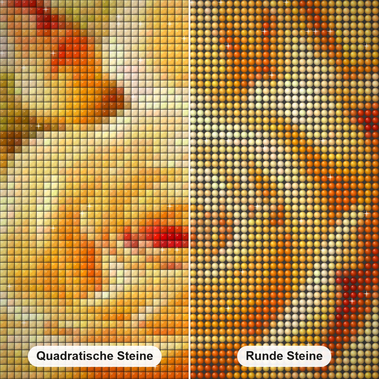 Dunkelgelbe Rosen Diamond Painting Nahaufnahme mit quadratischen und runden Steinen
