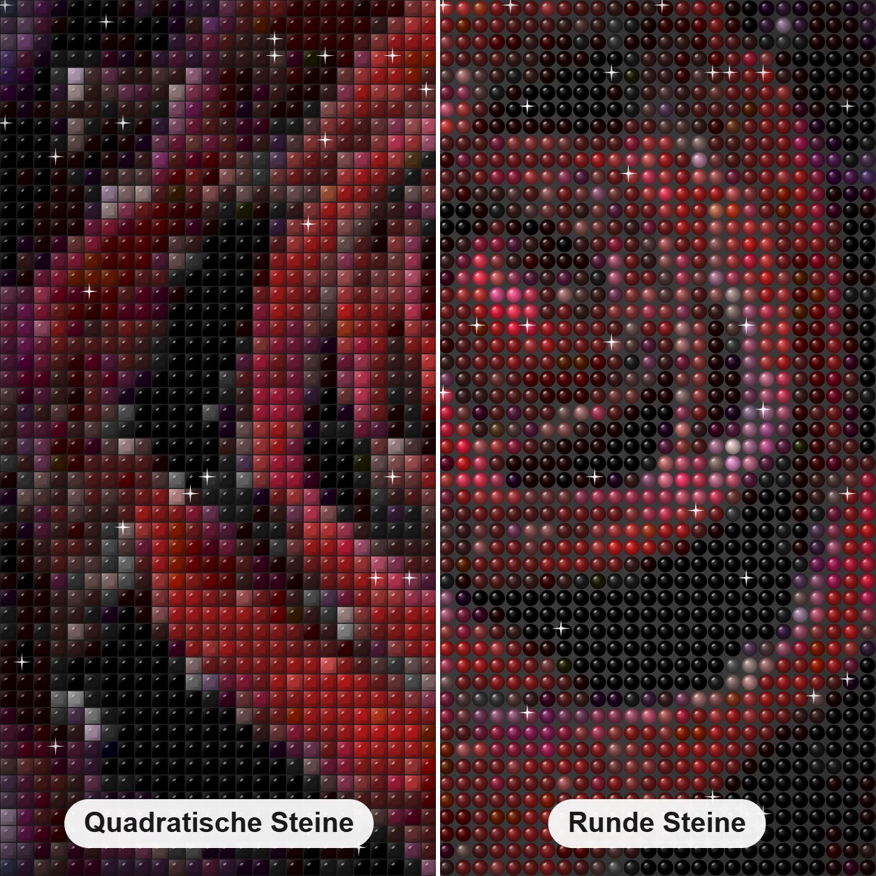 Dunkelrote Rose mit Wassertropfen Diamond Painting Nahaufnahme mit quadratischen und runden Steinen