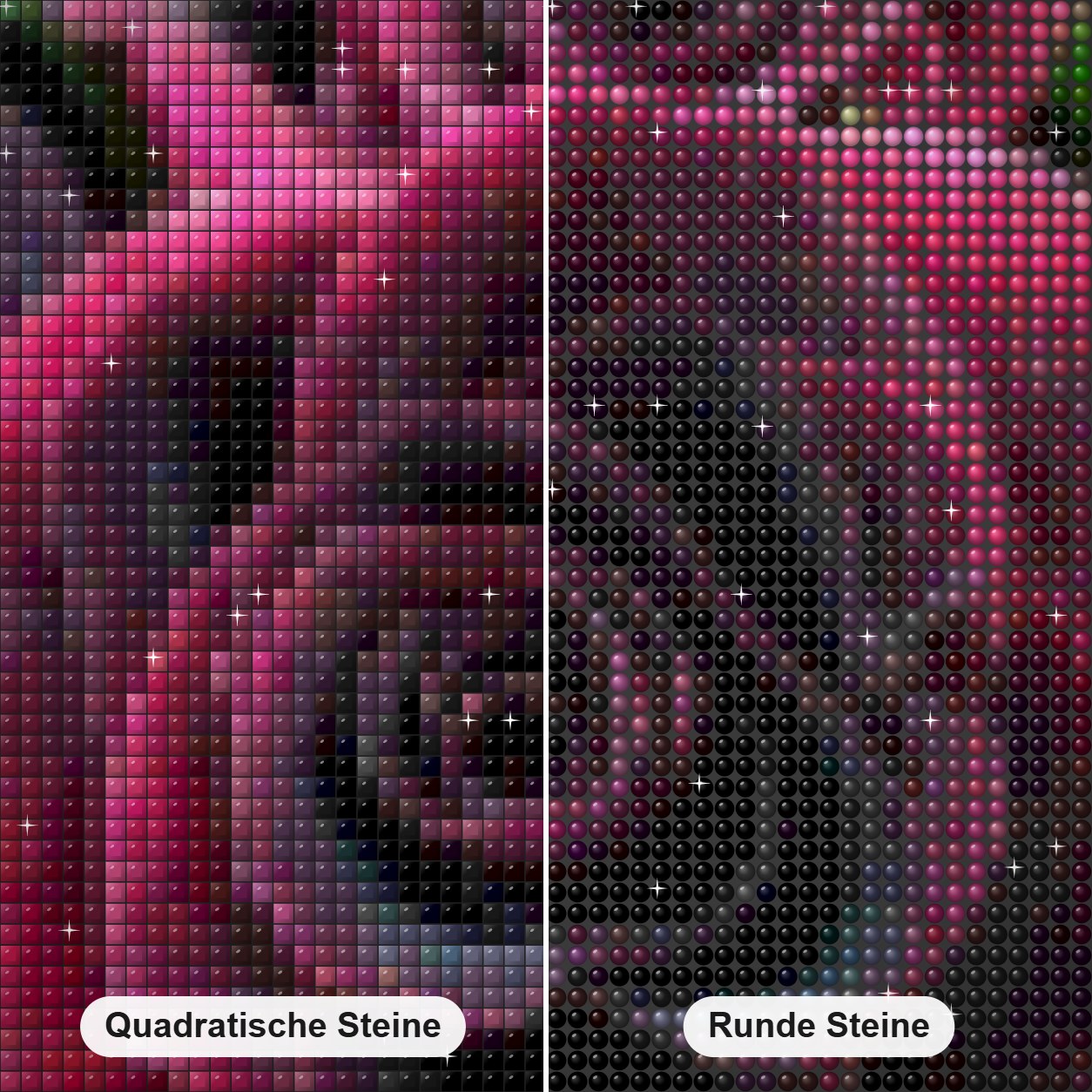 Dunkelrote Rosen Diamond Painting Nahaufnahme mit quadratischen und runden Steinen