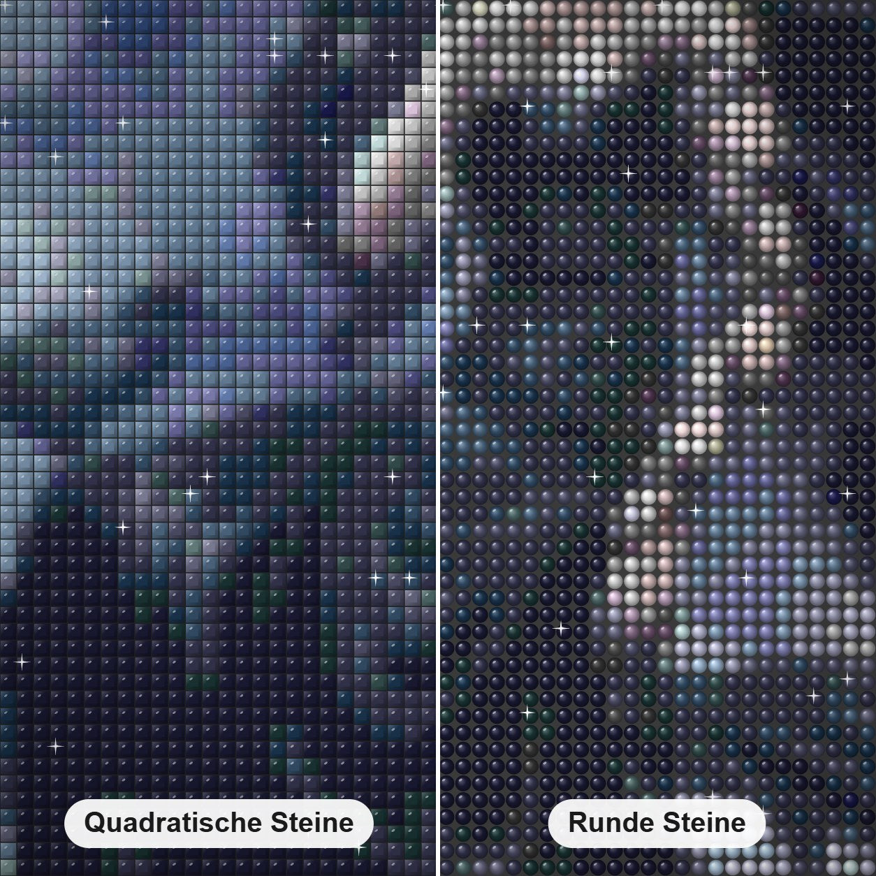 Dunkle Fee Diamond Painting Nahaufnahme mit quadratischen und runden Steinen