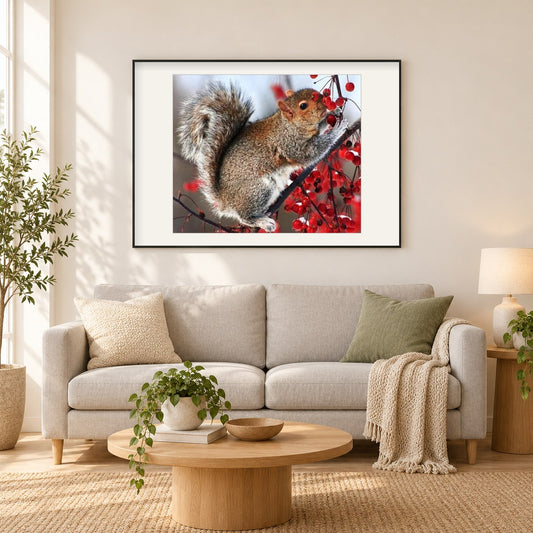 Eichhörnchen auf Baum als gerahmtes Diamond Painting im Wohnzimmer