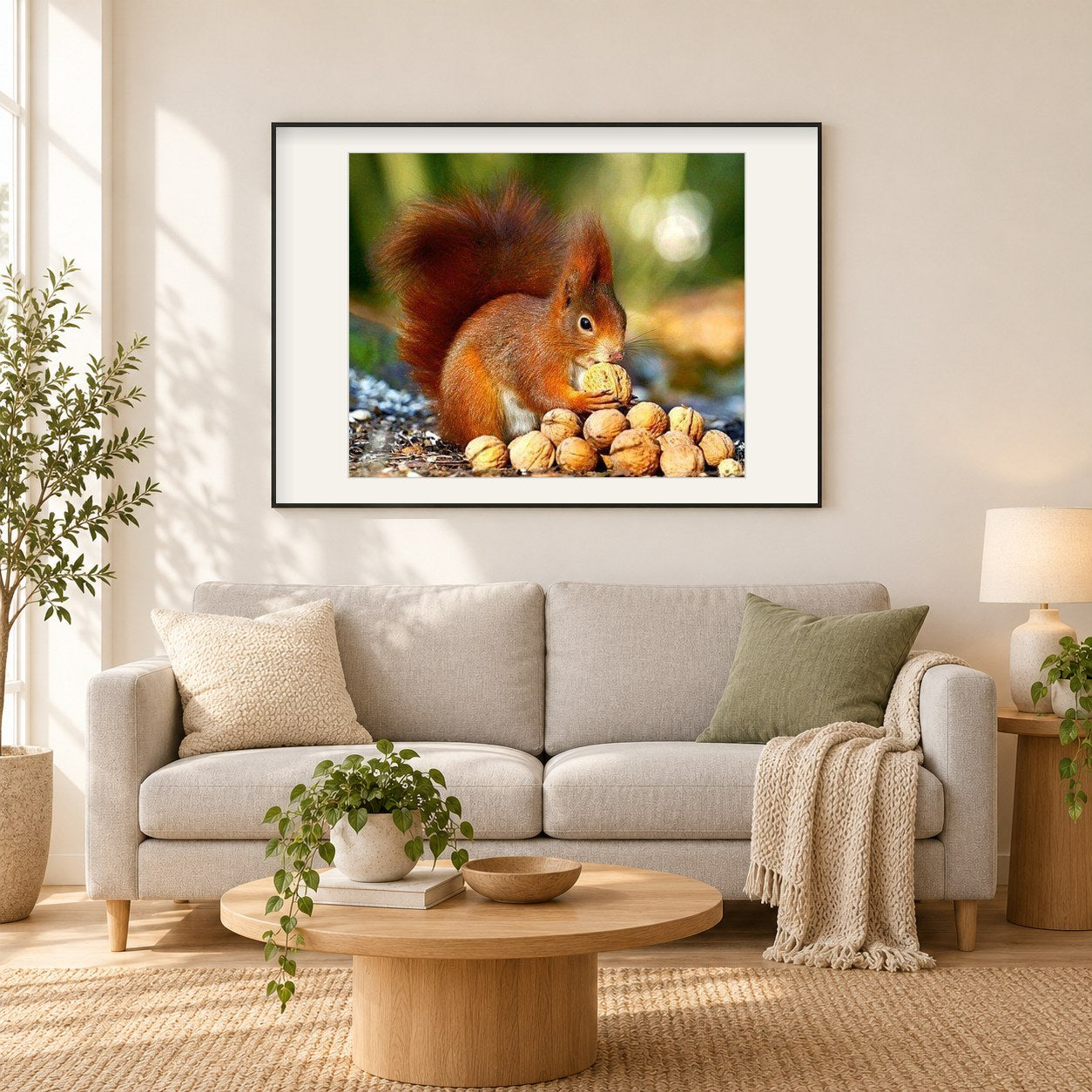 Eichhörnchen frissem Walnüsse als gerahmtes Diamond Painting im Wohnzimmer