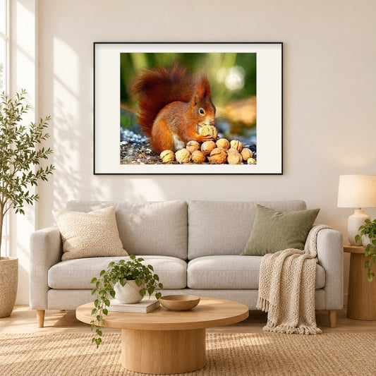 Eichhörnchen frissem Walnüsse als gerahmtes Diamond Painting im Wohnzimmer