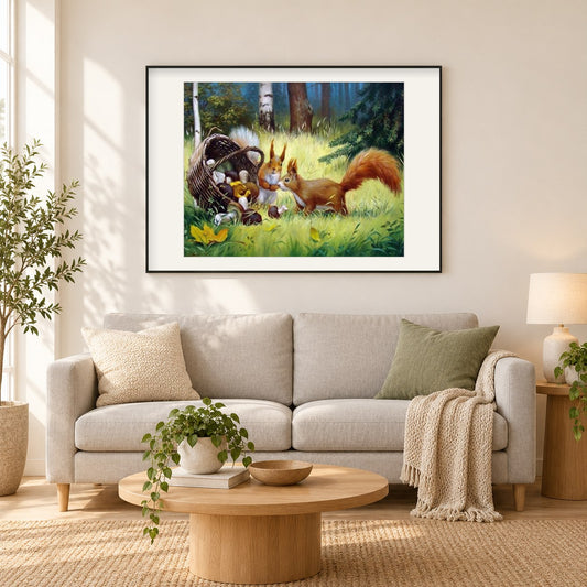 Eichhörnchen im Wald als gerahmtes Diamond Painting im Wohnzimmer
