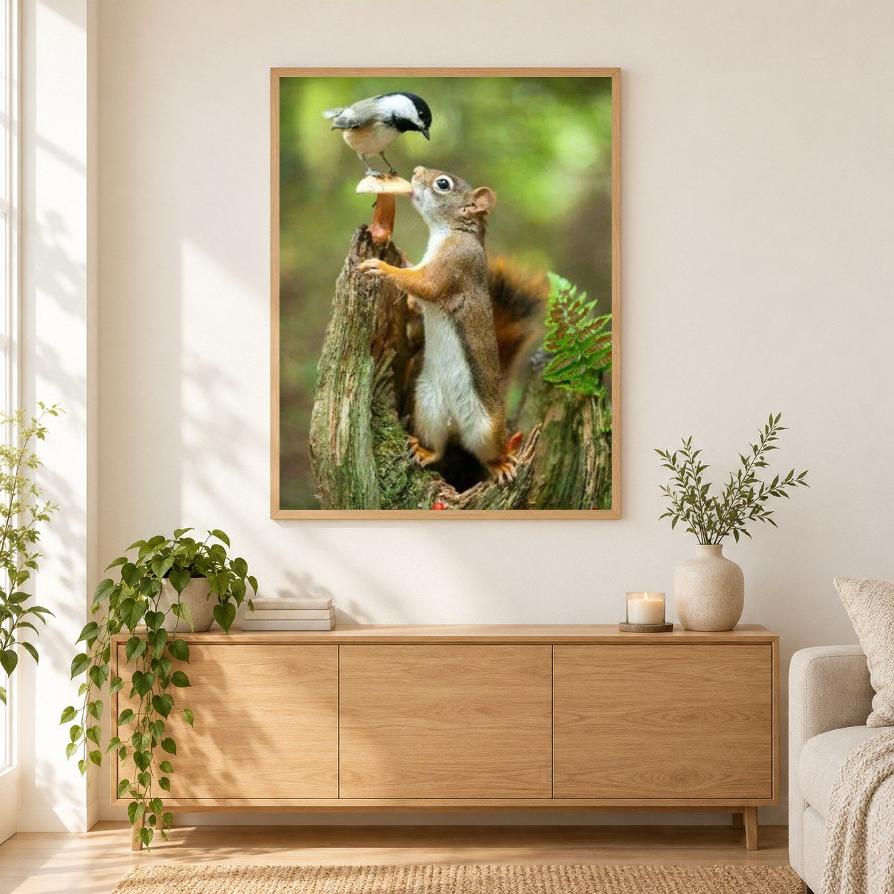 Eichhörnchen & Spatz als gerahmtes Diamond Painting im Wohnzimmer