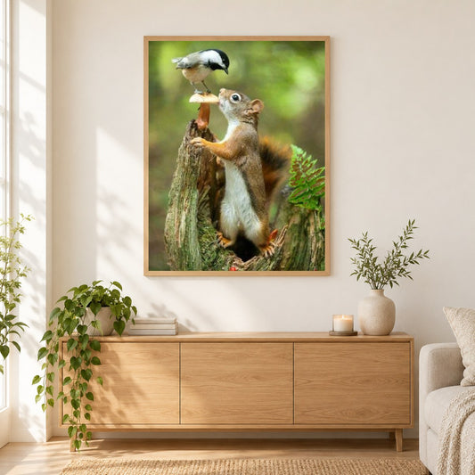 Eichhörnchen & Spatz als gerahmtes Diamond Painting im Wohnzimmer