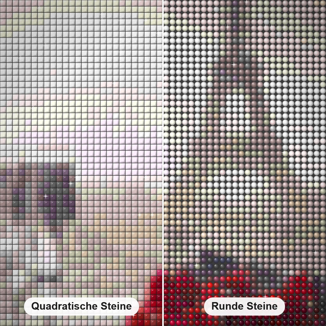 Eiffelturm & Rosenstrauß Diamond Painting Nahaufnahme mit quadratischen und runden Steinen
