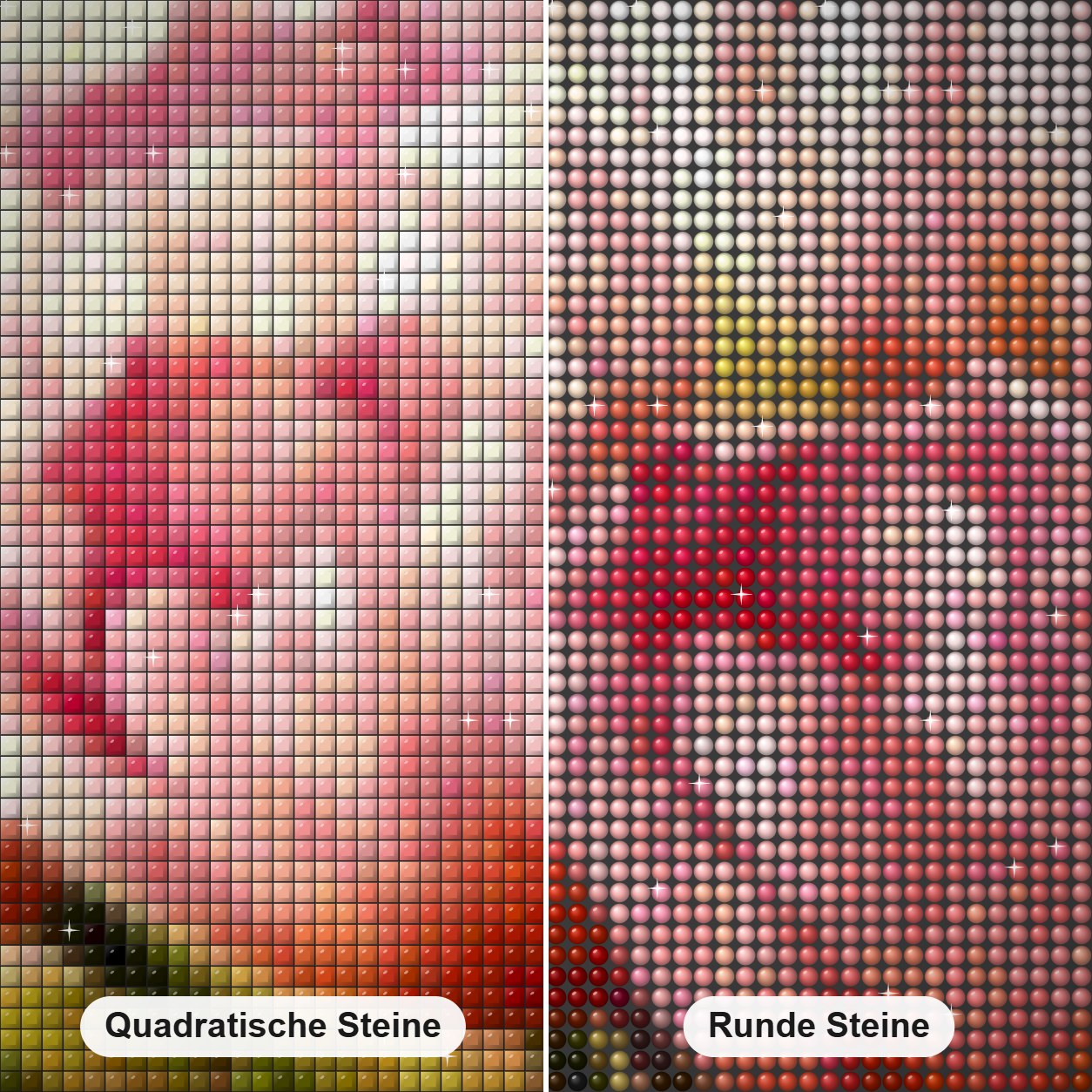 Ein Bündel rosa Tulpen Diamond Painting Nahaufnahme mit quadratischen und runden Steinen