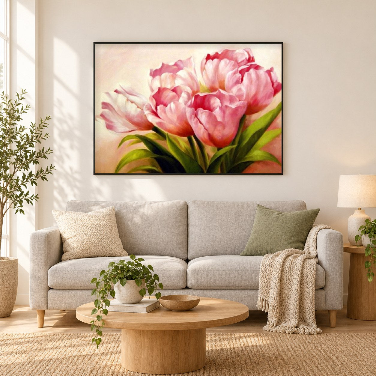 Ein Bündel rosa Tulpen als gerahmtes Diamond Painting im Wohnzimmer