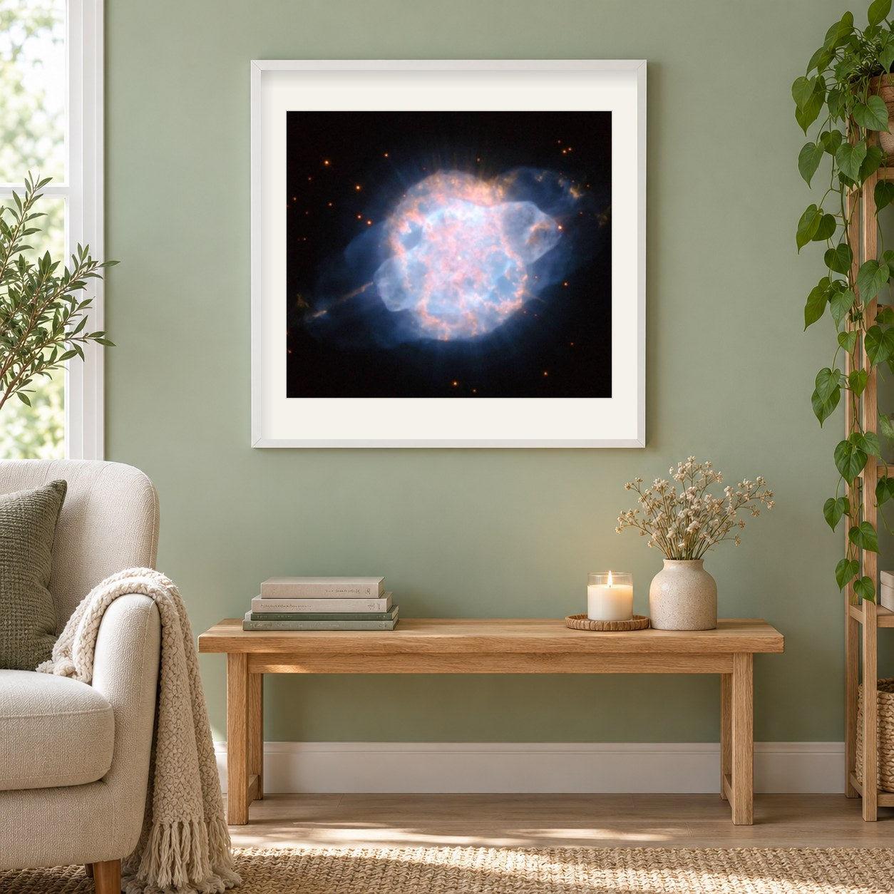 Ein durchdringendes himmlisches Auge starrt Hubble an als gerahmtes Diamond Painting im Wohnzimmer