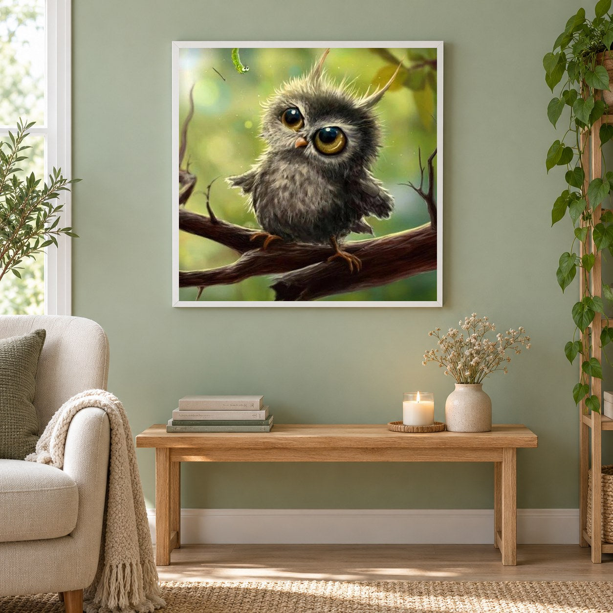 Eine Eule die Raupe starrt als gerahmtes Diamond Painting im Wohnzimmer