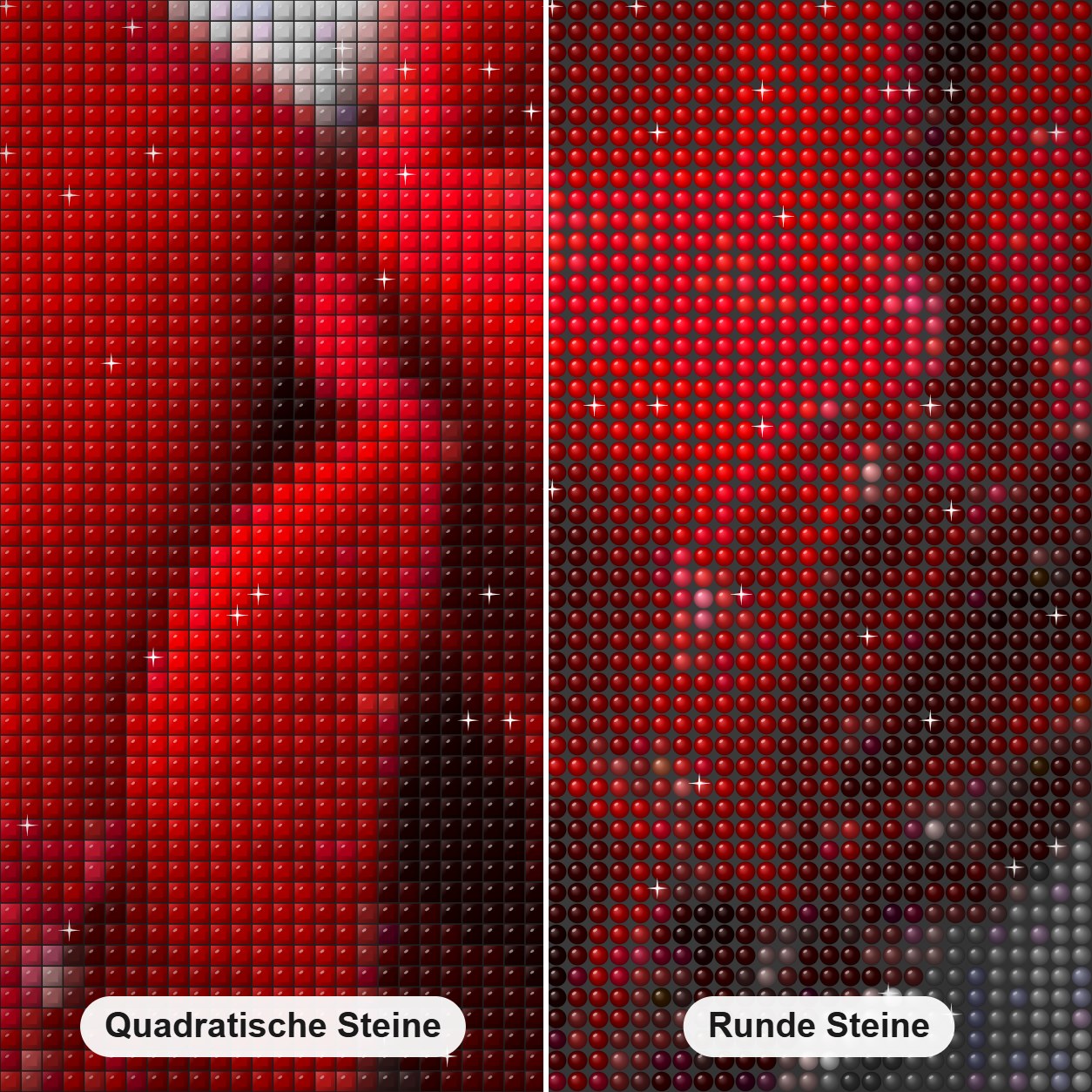 Eine Rosenfarbe mit Diamanten küssen Diamond Painting Nahaufnahme mit quadratischen und runden Steinen