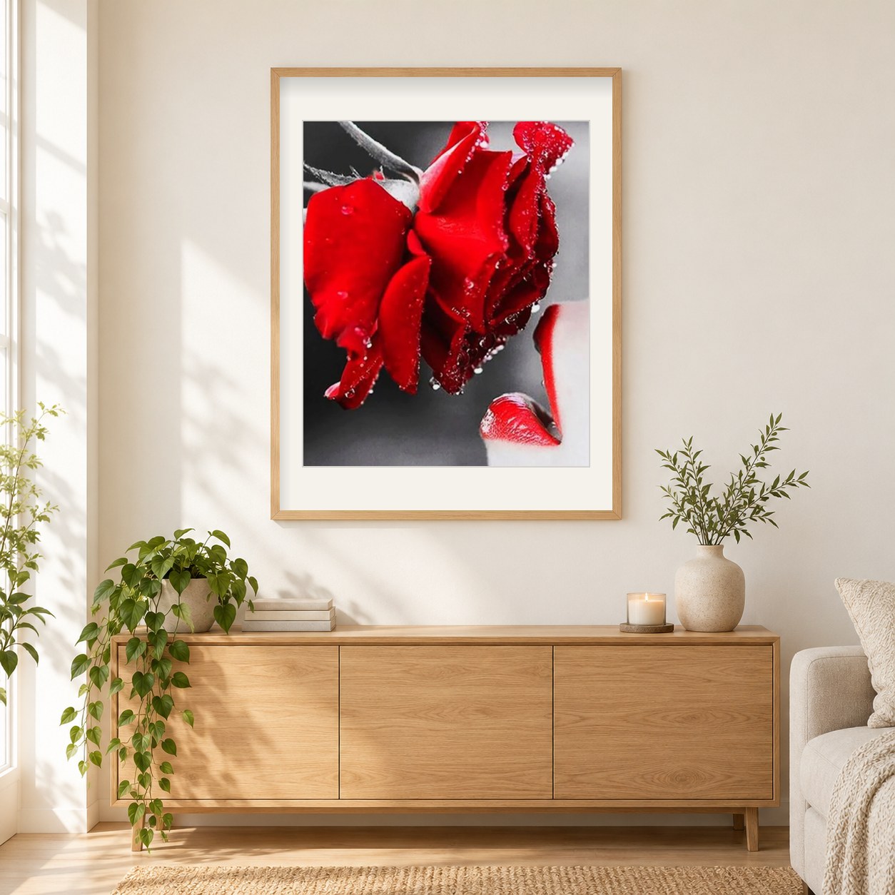 Eine Rosenfarbe mit Diamanten küssen als gerahmtes Diamond Painting im Wohnzimmer