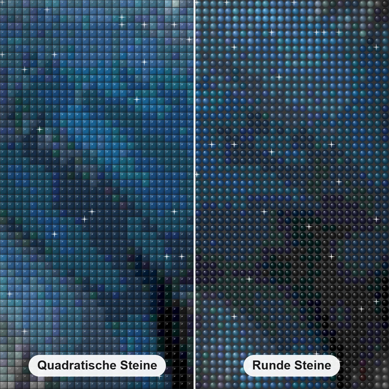 Einmal in einer blauen Düne Diamond Painting Nahaufnahme mit quadratischen und runden Steinen