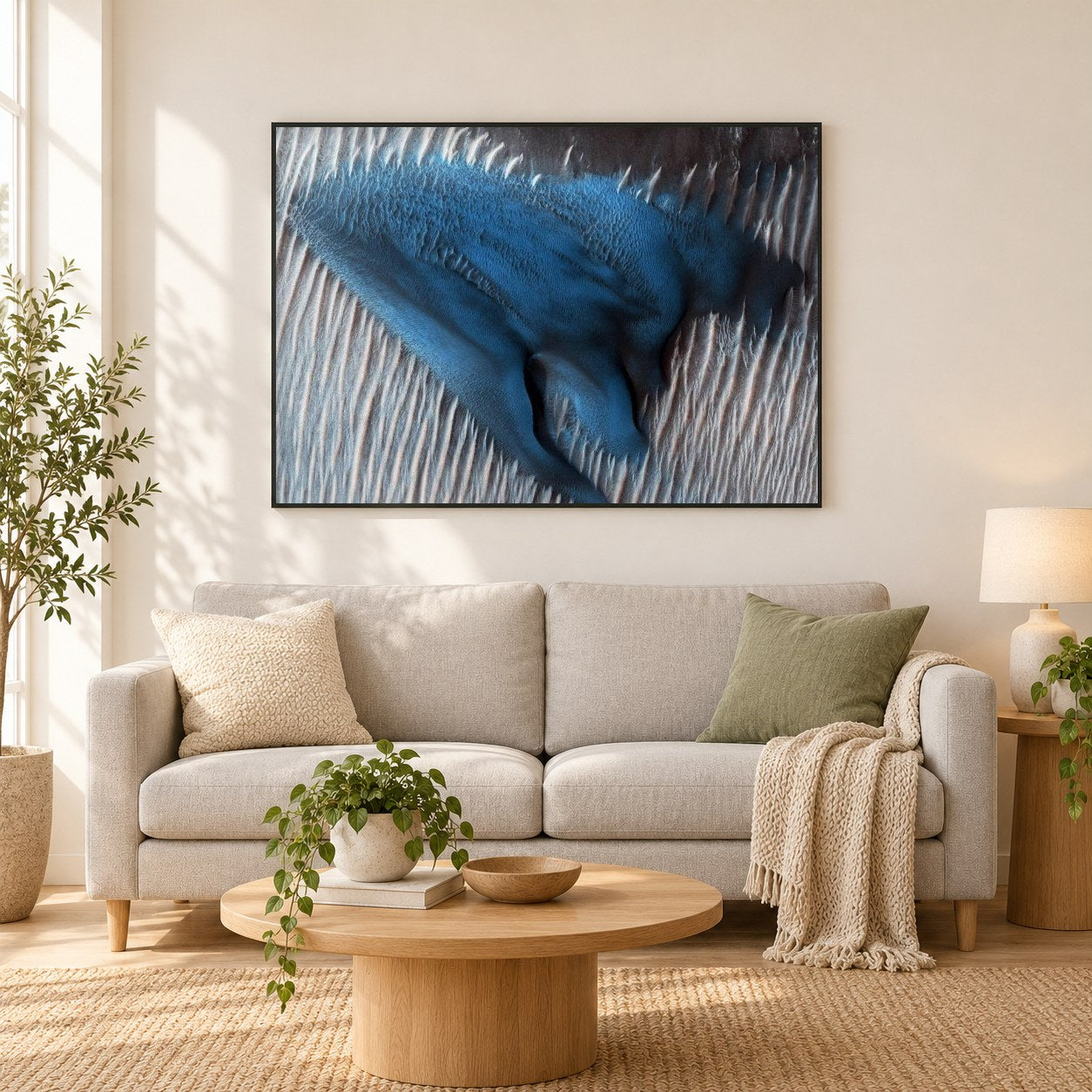 Einmal in einer blauen Düne als gerahmtes Diamond Painting im Wohnzimmer