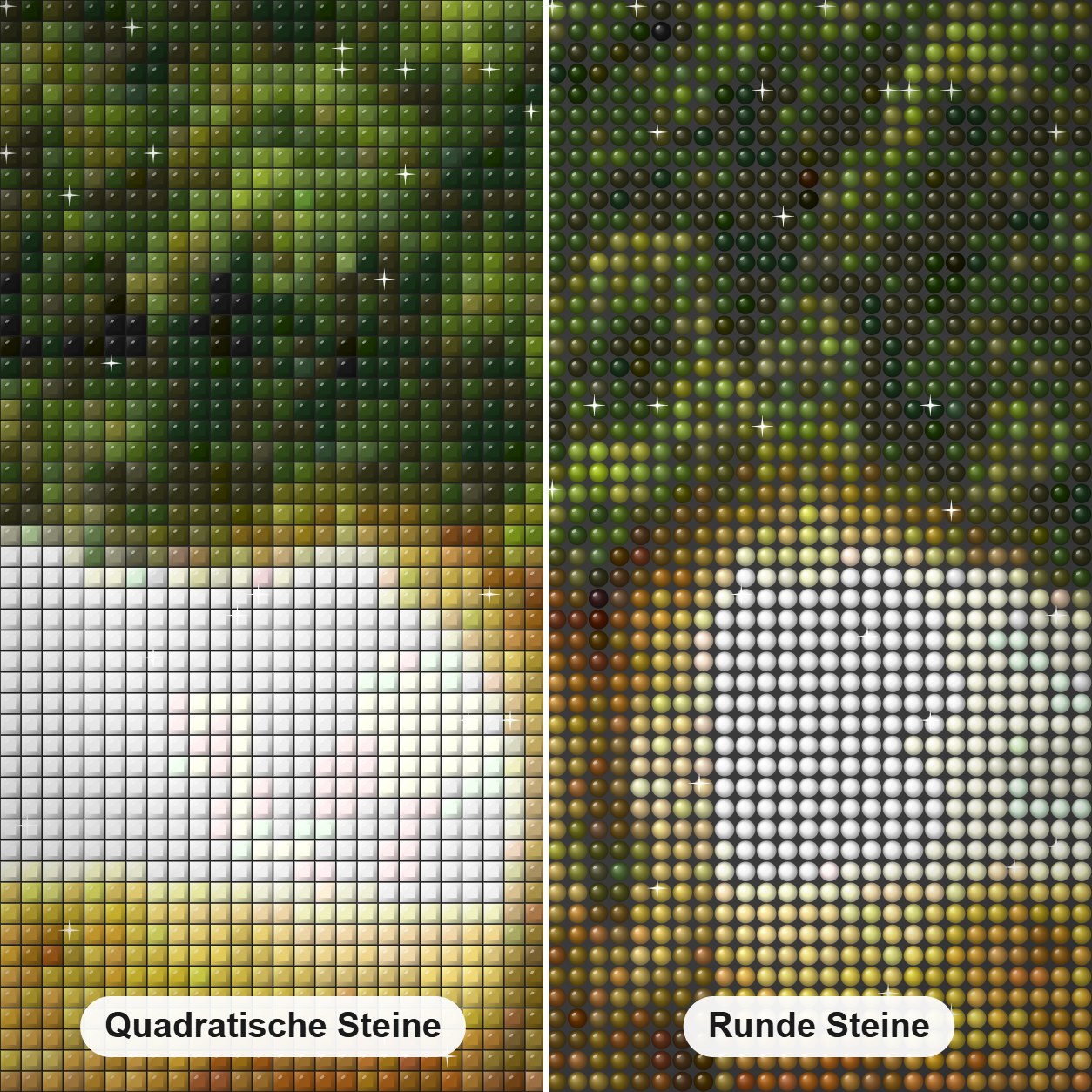 einsame Baum Diamond Painting Nahaufnahme mit quadratischen und runden Steinen