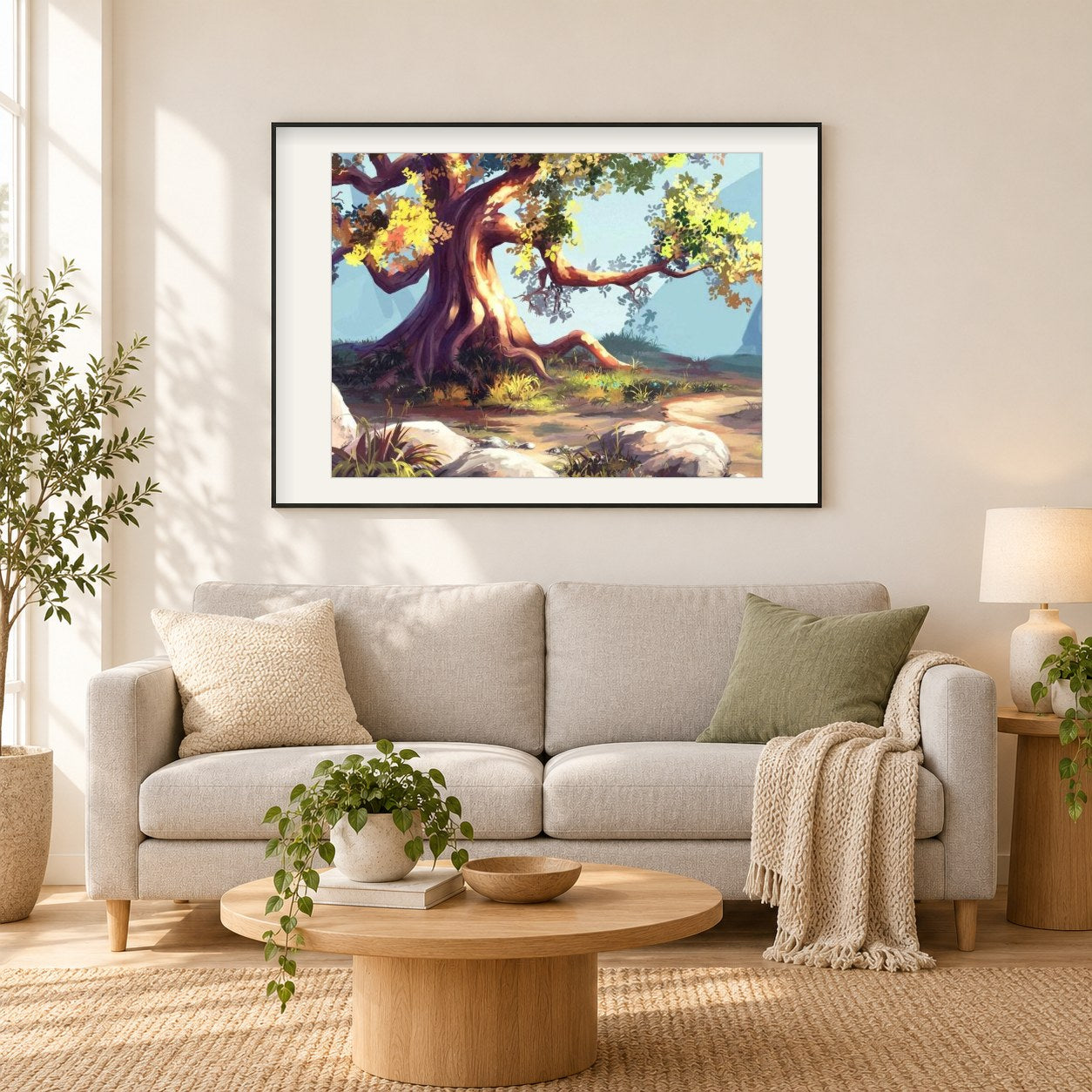 Einsamer Baum als gerahmtes Diamond Painting im Wohnzimmer