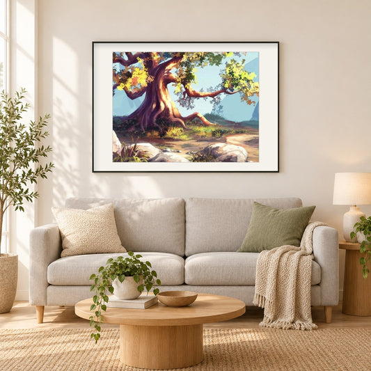 Einsamer Baum als gerahmtes Diamond Painting im Wohnzimmer