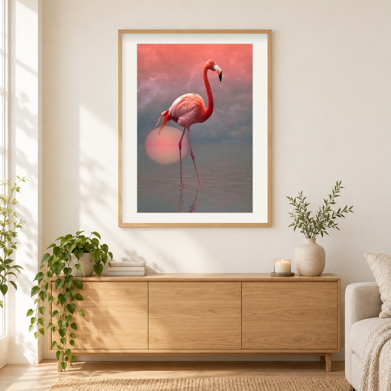 Einsamer Flamingo & Sonnenuntergang als gerahmtes Diamond Painting im Wohnzimmer