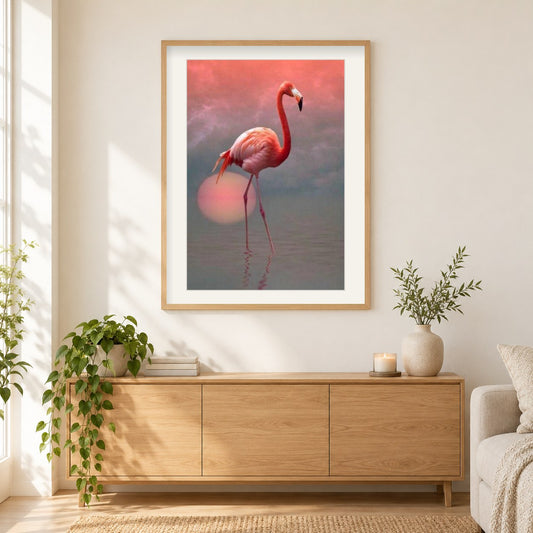 Einsamer Flamingo & Sonnenuntergang als gerahmtes Diamond Painting im Wohnzimmer