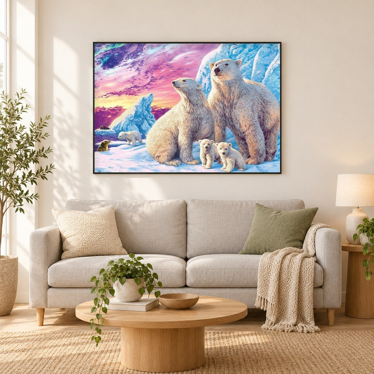 Eisbär als gerahmtes Diamond Painting im Wohnzimmer