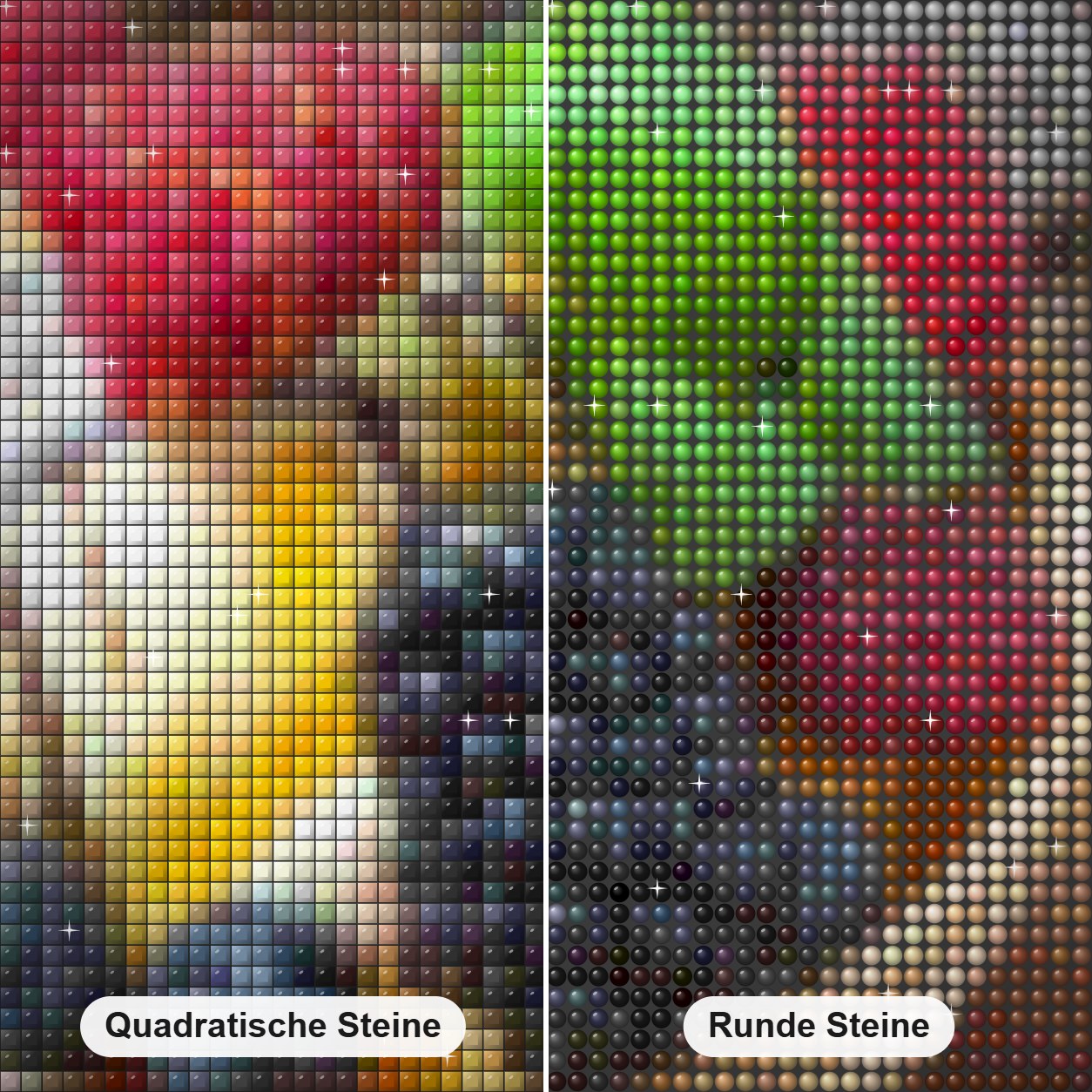 Eisbecher & Beeren Diamond Painting Nahaufnahme mit quadratischen und runden Steinen