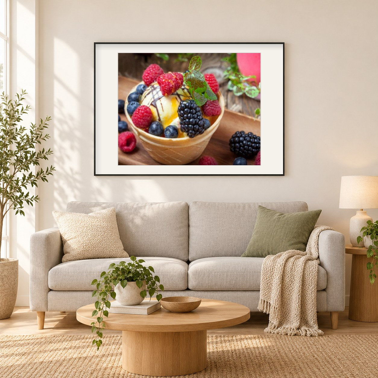 Eisbecher & Beeren als gerahmtes Diamond Painting im Wohnzimmer