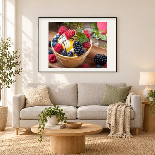 Eisbecher & Beeren als gerahmtes Diamond Painting im Wohnzimmer