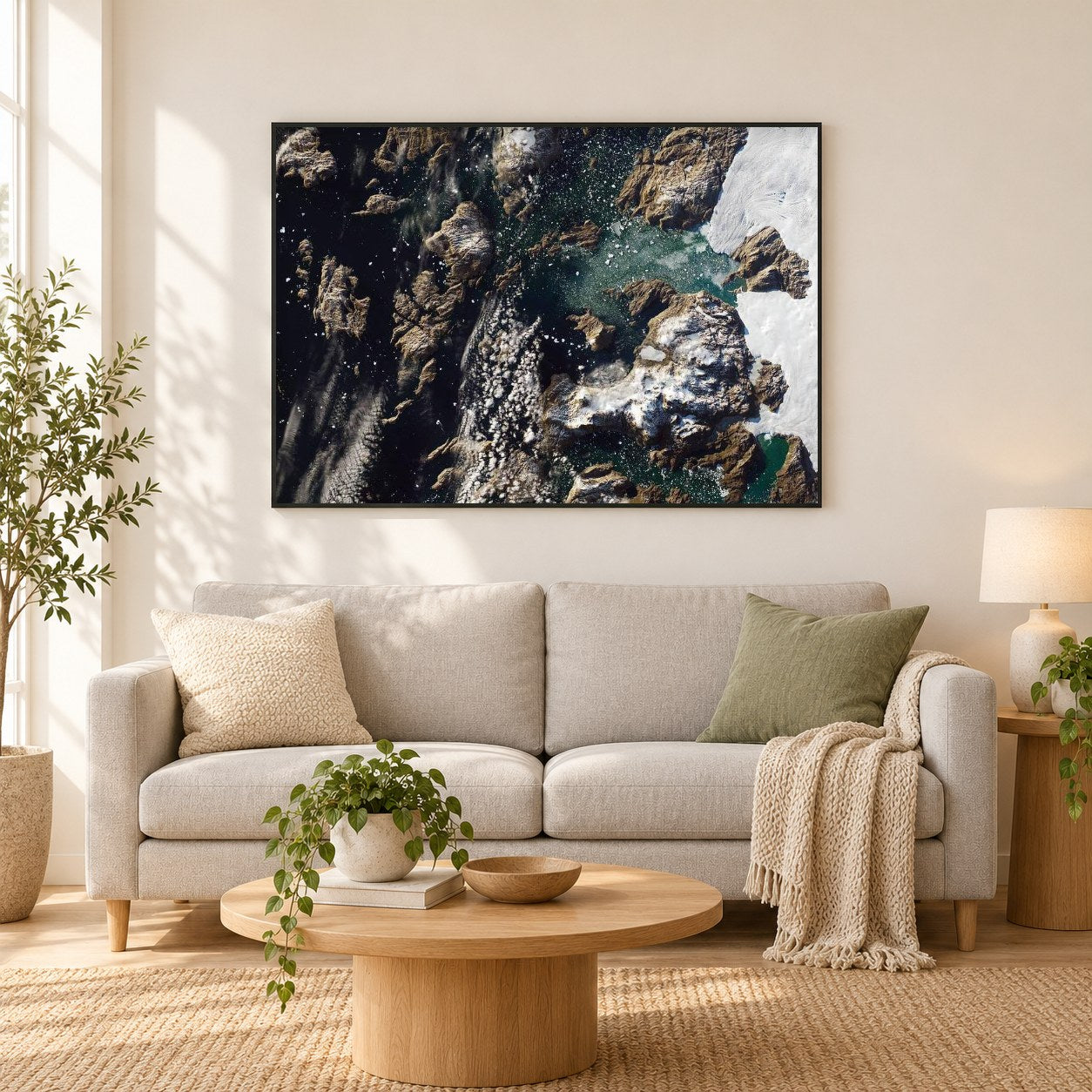 Eisberg-Türme über Grönland-Dorf als gerahmtes Diamond Painting im Wohnzimmer