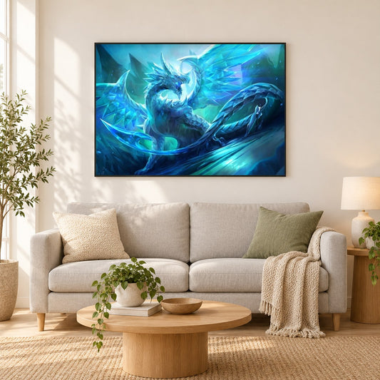 Eiskristalldrache als gerahmtes Diamond Painting im Wohnzimmer