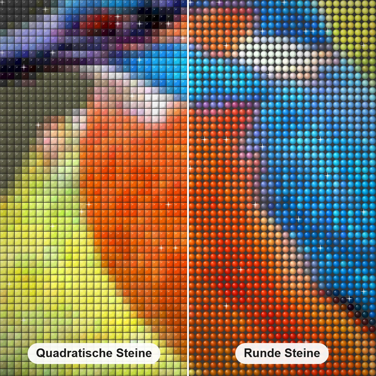 Eisvogel Diamond Painting Nahaufnahme mit quadratischen und runden Steinen