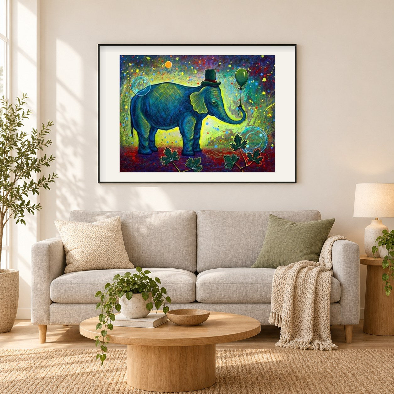 Elefant feiern Geburtstag als gerahmtes Diamond Painting im Wohnzimmer