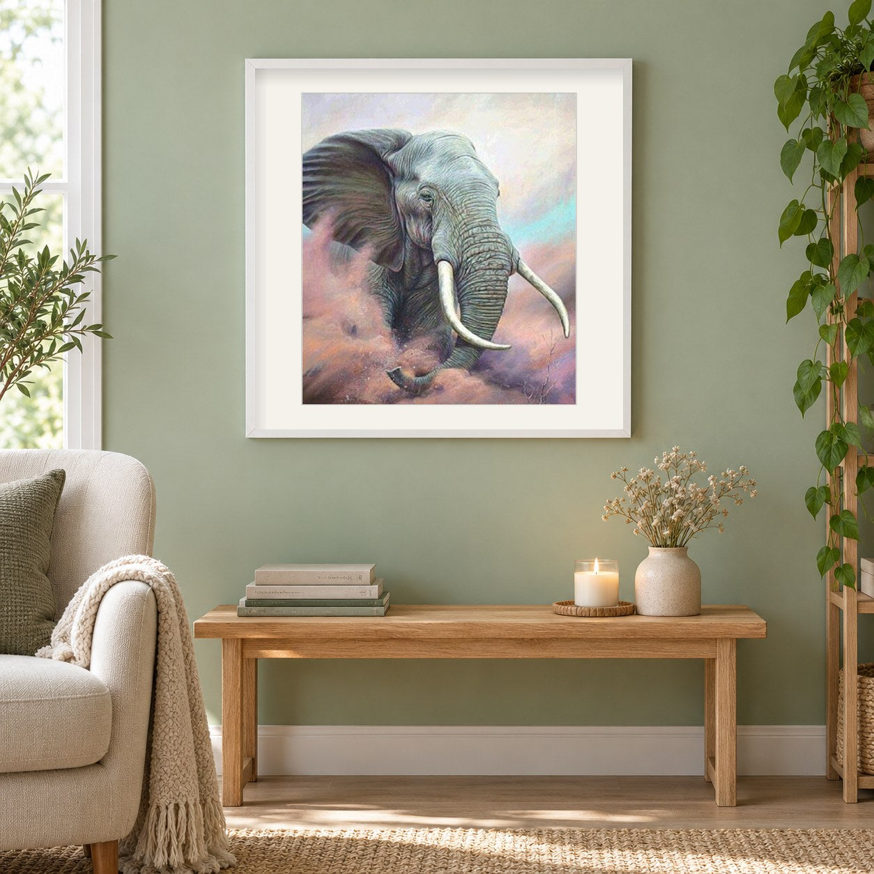 Elefant mit großen Zähnen als gerahmtes Diamond Painting im Wohnzimmer