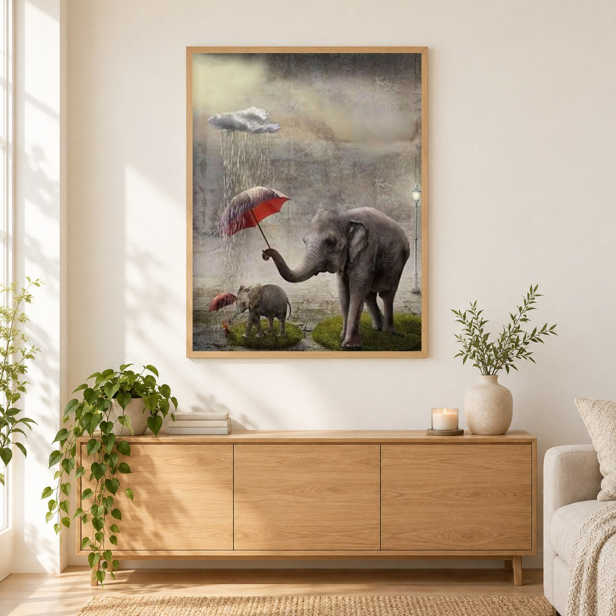 Elefanten mit Regenschirmen als gerahmtes Diamond Painting im Wohnzimmer