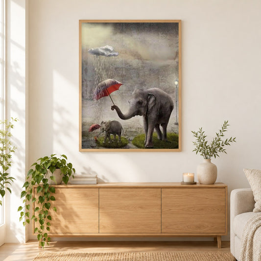 Elefanten mit Regenschirmen als gerahmtes Diamond Painting im Wohnzimmer