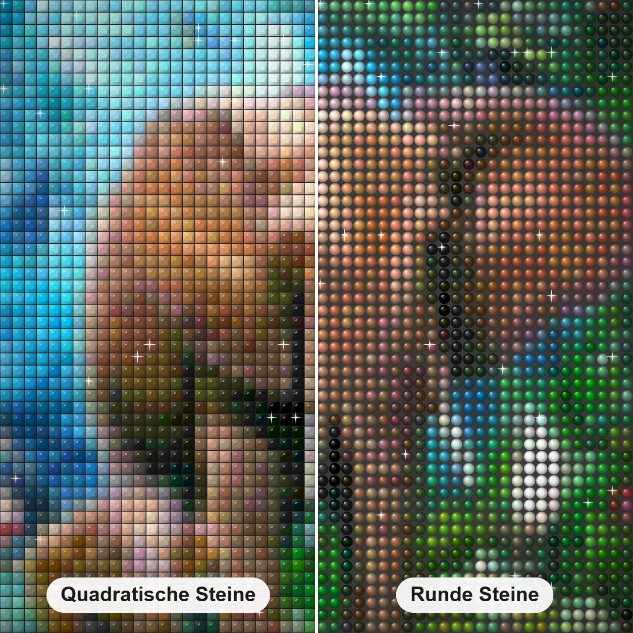 Elefanten & Papageien Diamond Painting Nahaufnahme mit quadratischen und runden Steinen
