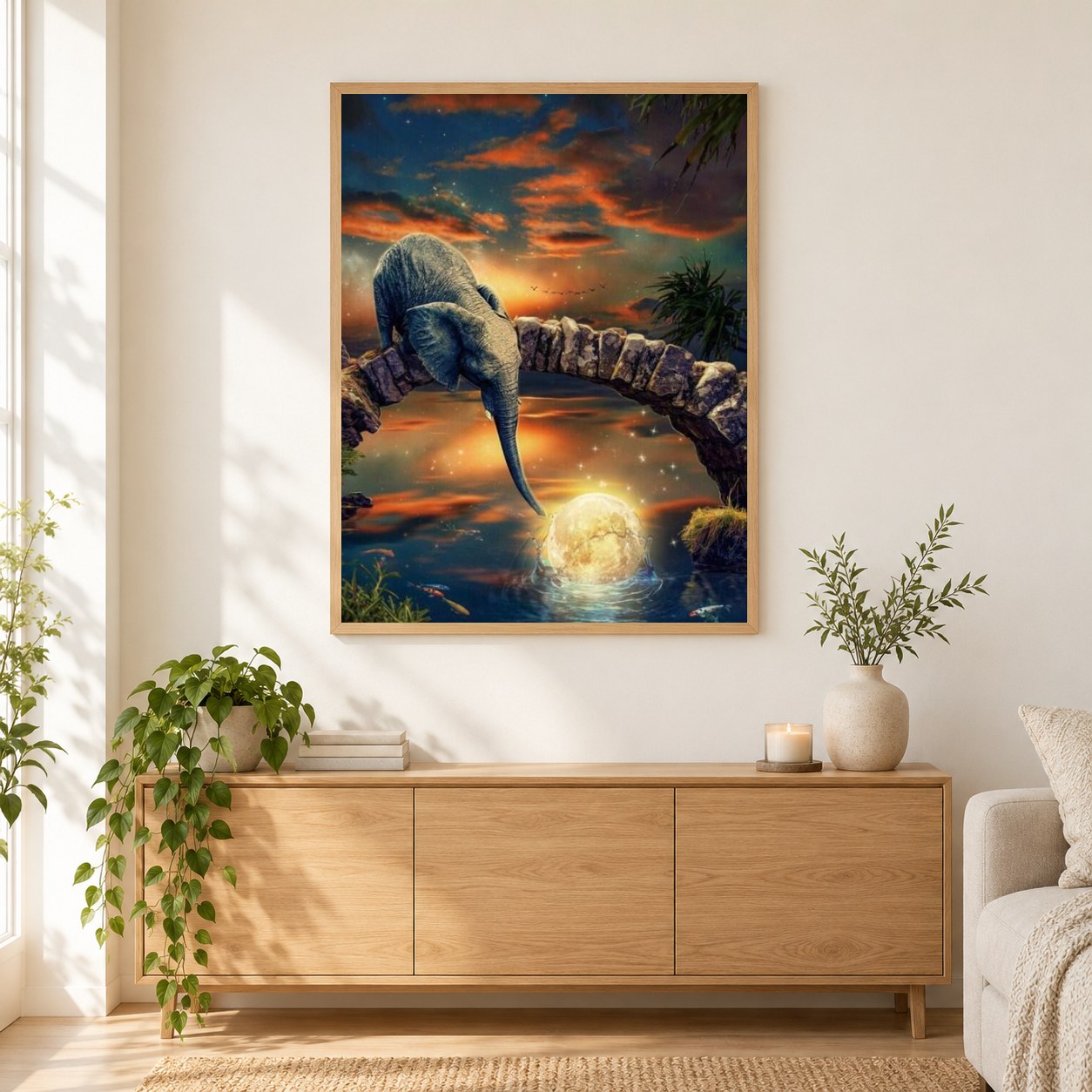 Elefantenbaby am Fantasy-Platz als gerahmtes Diamond Painting im Wohnzimmer