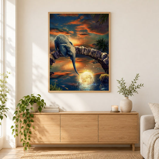 Elefantenbaby am Fantasy-Platz als gerahmtes Diamond Painting im Wohnzimmer