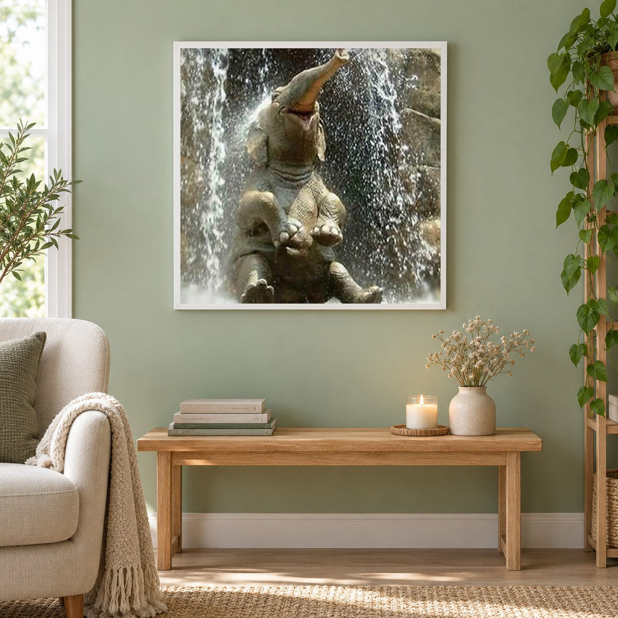 Elefantenbaby, das im Wasser spielt als gerahmtes Diamond Painting im Wohnzimmer