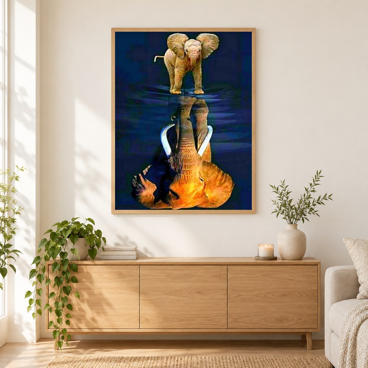 Elefantenbaby träum groß als gerahmtes Diamond Painting im Wohnzimmer