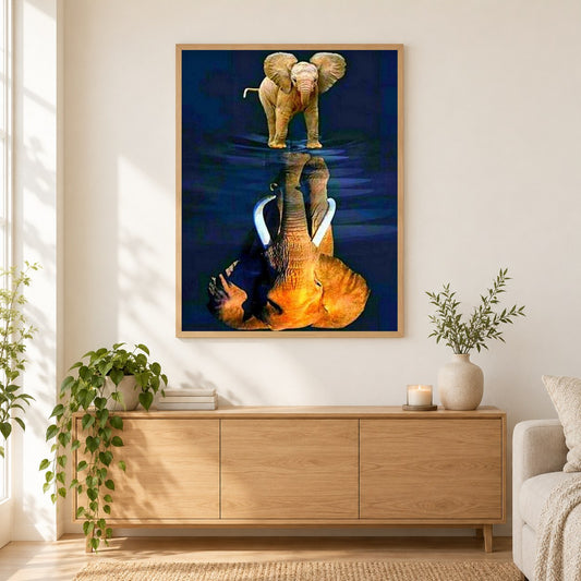 Elefantenbaby träum groß als gerahmtes Diamond Painting im Wohnzimmer